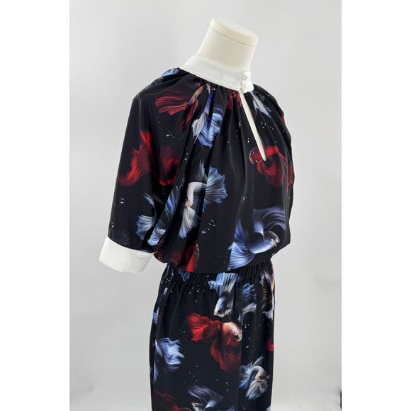 Julia Allert Black Maxi Long Dress Red Blue Fish White Collar Large NWT - Picture 3 of 13